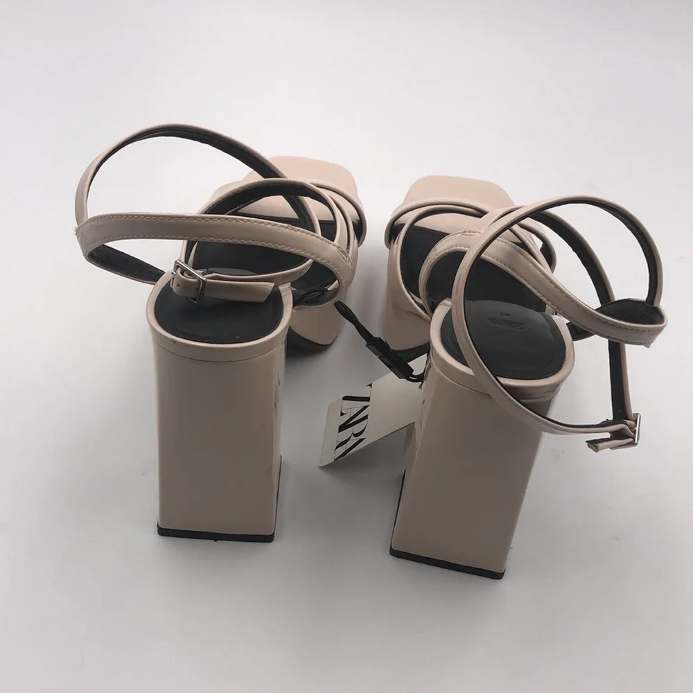 Zara Beige Patent Leather Platform High Heel Sandals